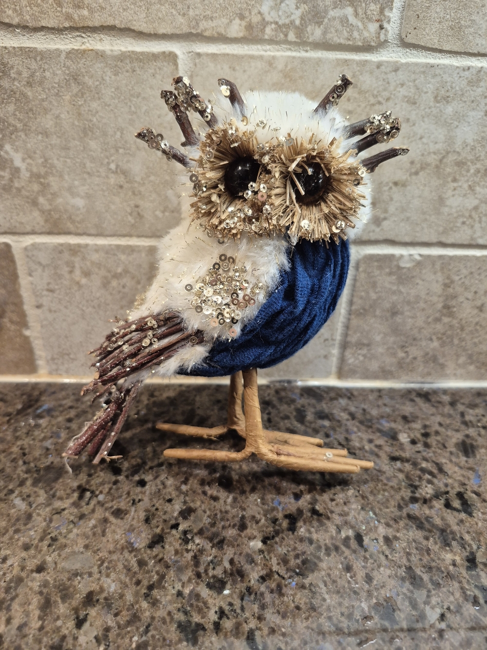 Rustic Sisal Twig Owl Figurine Blue Fabric Faux Fur Woodland Fall Holiday Decor